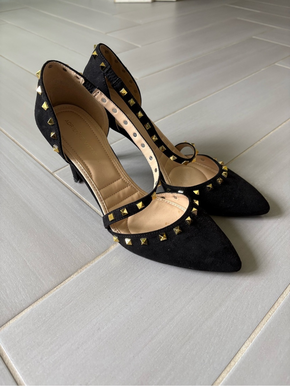 Adrienne Vittadini Newly Pump | Black Suede Pointed-Toe Heels with Gold Studs